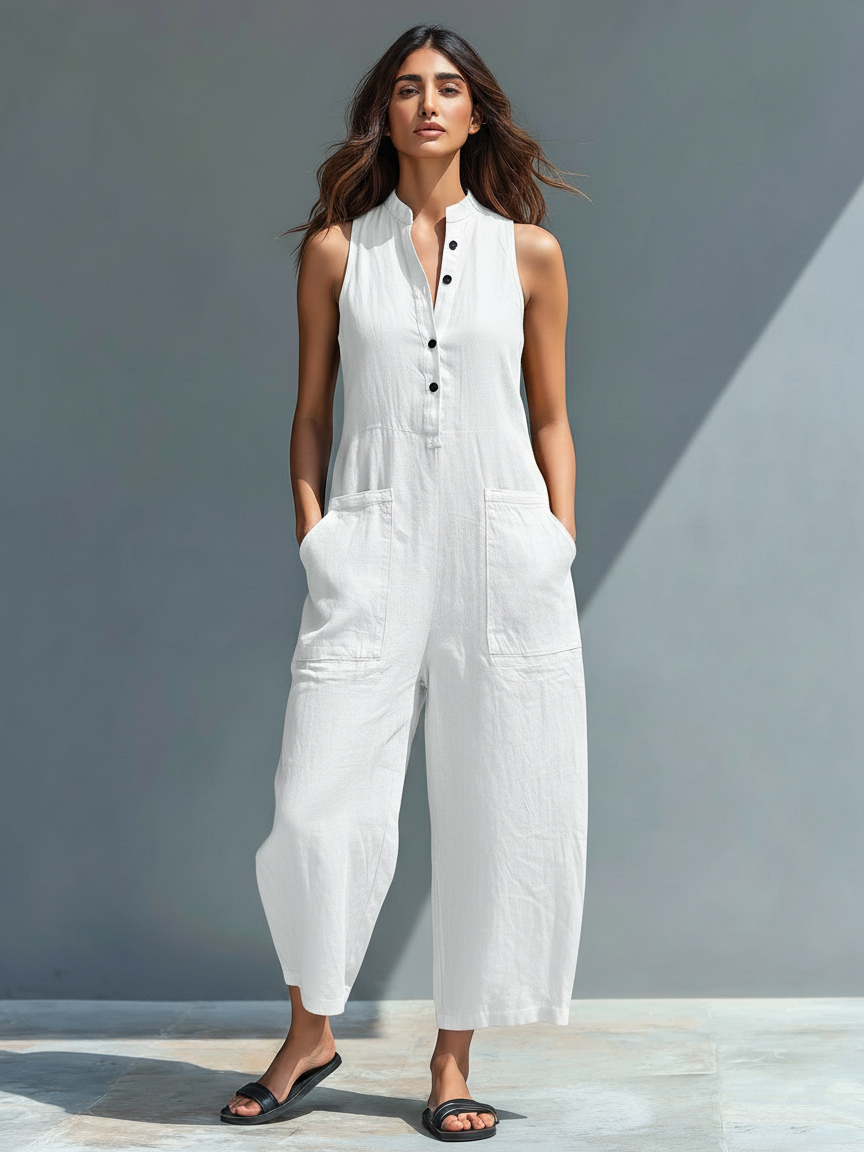 Daniela | Mono minimalista de lino para mujer, sin mangas, cuello alto y botones