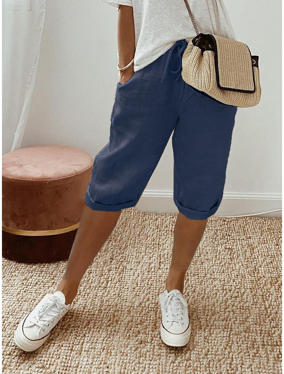 Thai - Pantalones cortos de algodón y lino para mujer con cordón, ideales para el día a día