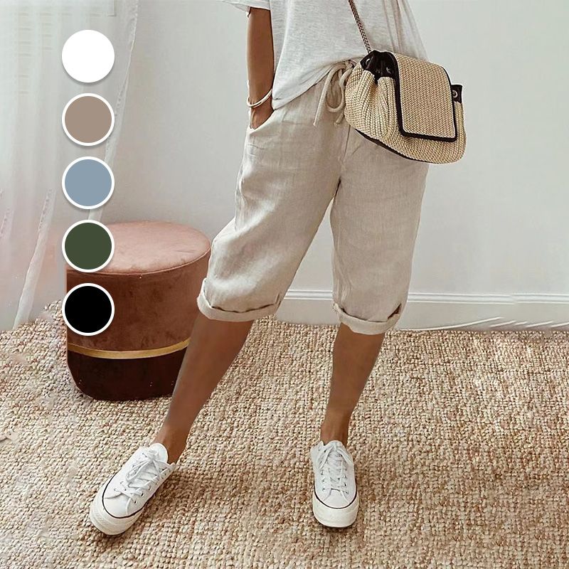 Thai - Pantalones cortos de algodón y lino para mujer con cordón, ideales para el día a día
