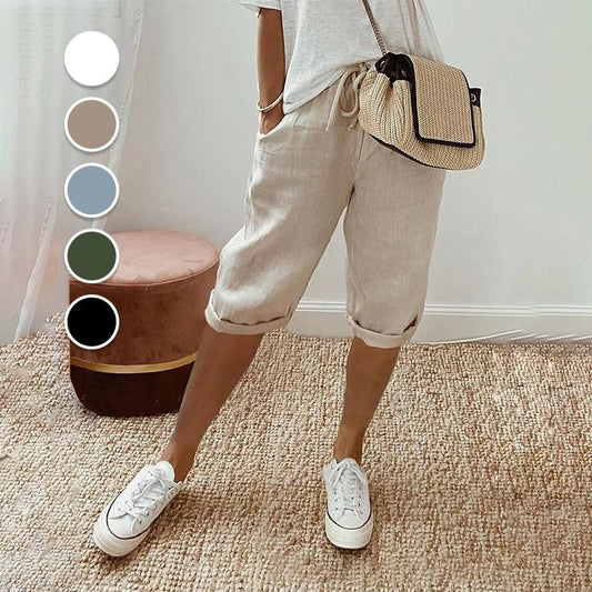 Thai - Pantalones cortos de algodón y lino para mujer con cordón, ideales para el día a día