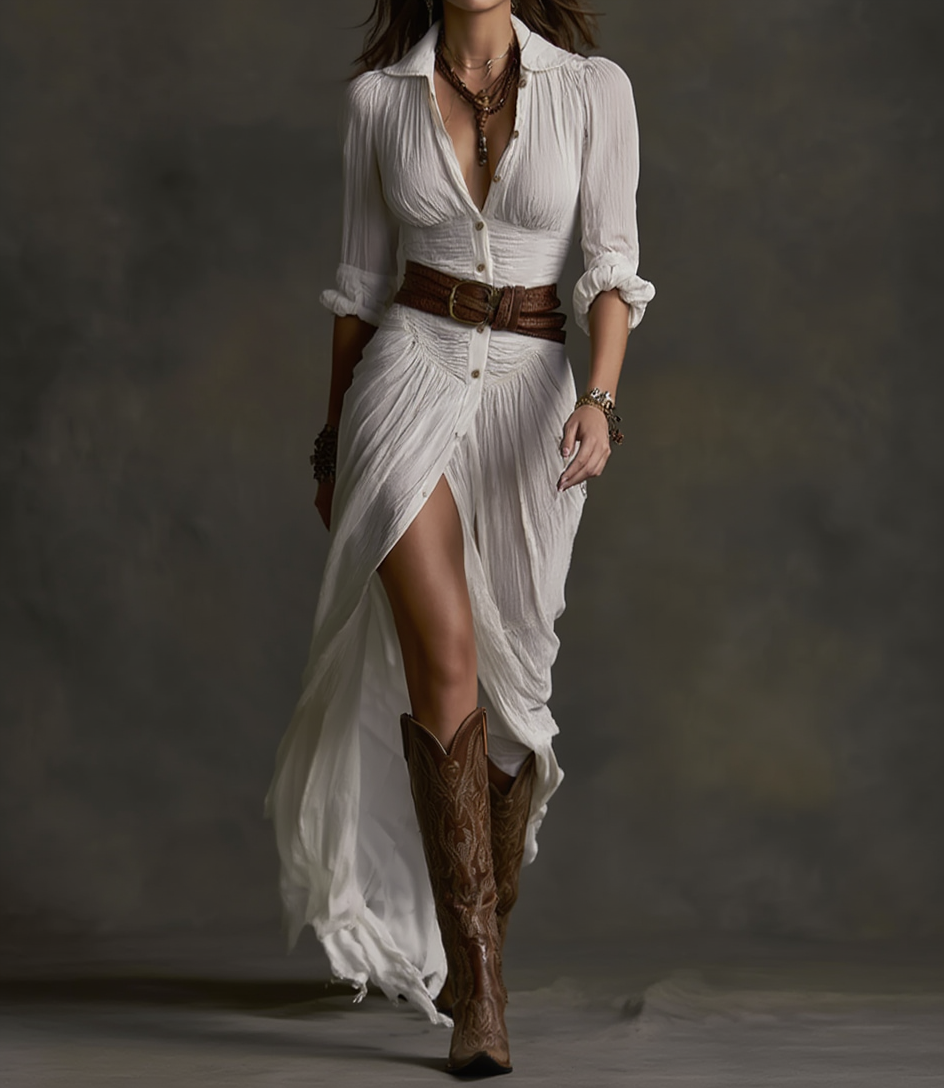Selene Élan | Vestido Largo de Lino con Cuello Invertido