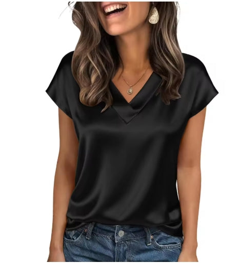Blusa de Satén Lucia – Cuello en V Elegante y Manga Corta