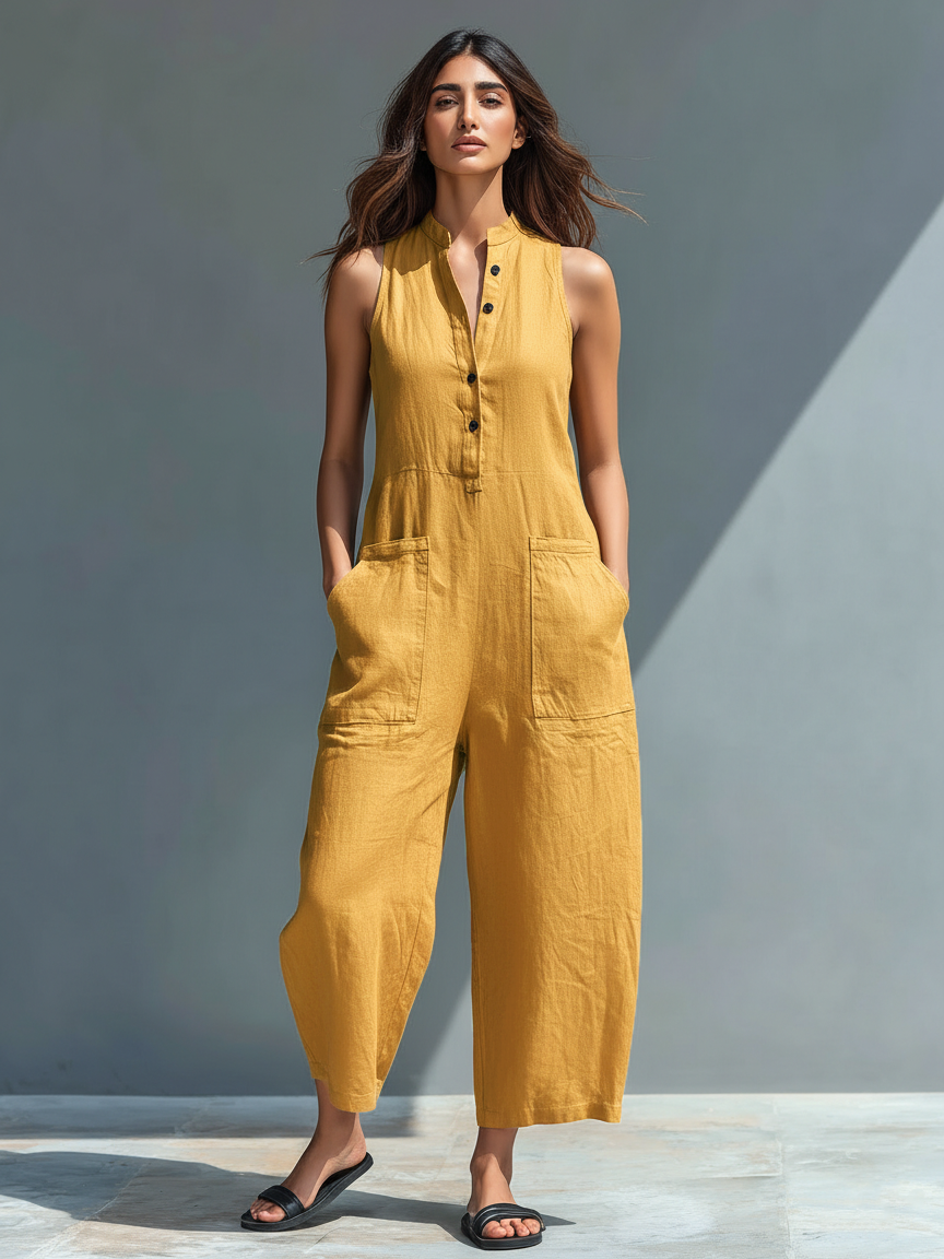 Daniela | Mono minimalista de lino para mujer, sin mangas, cuello alto y botones