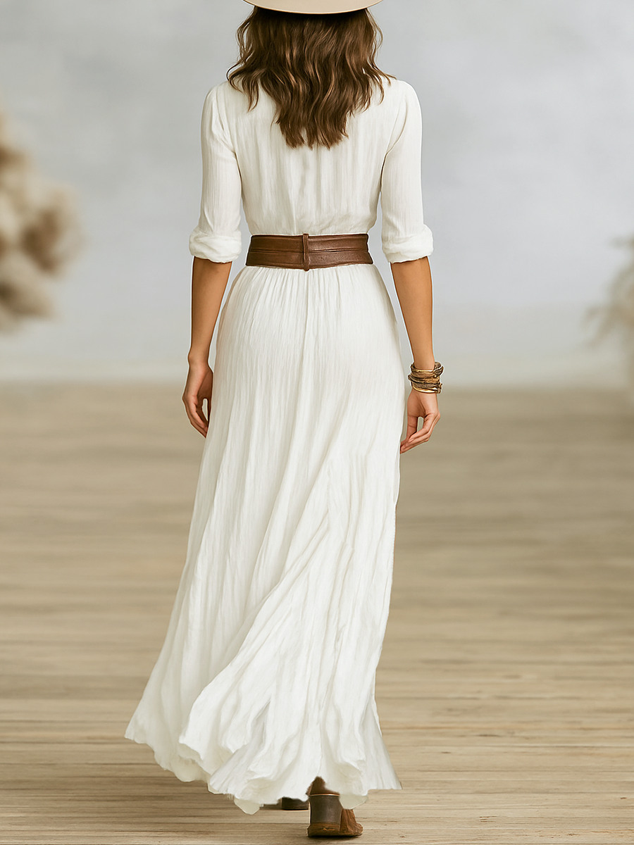 Selene Élan | Vestido Largo de Lino con Cuello Invertido