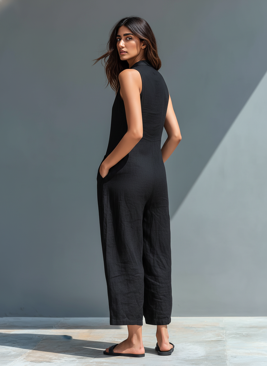 Daniela | Mono minimalista de lino para mujer, sin mangas, cuello alto y botones
