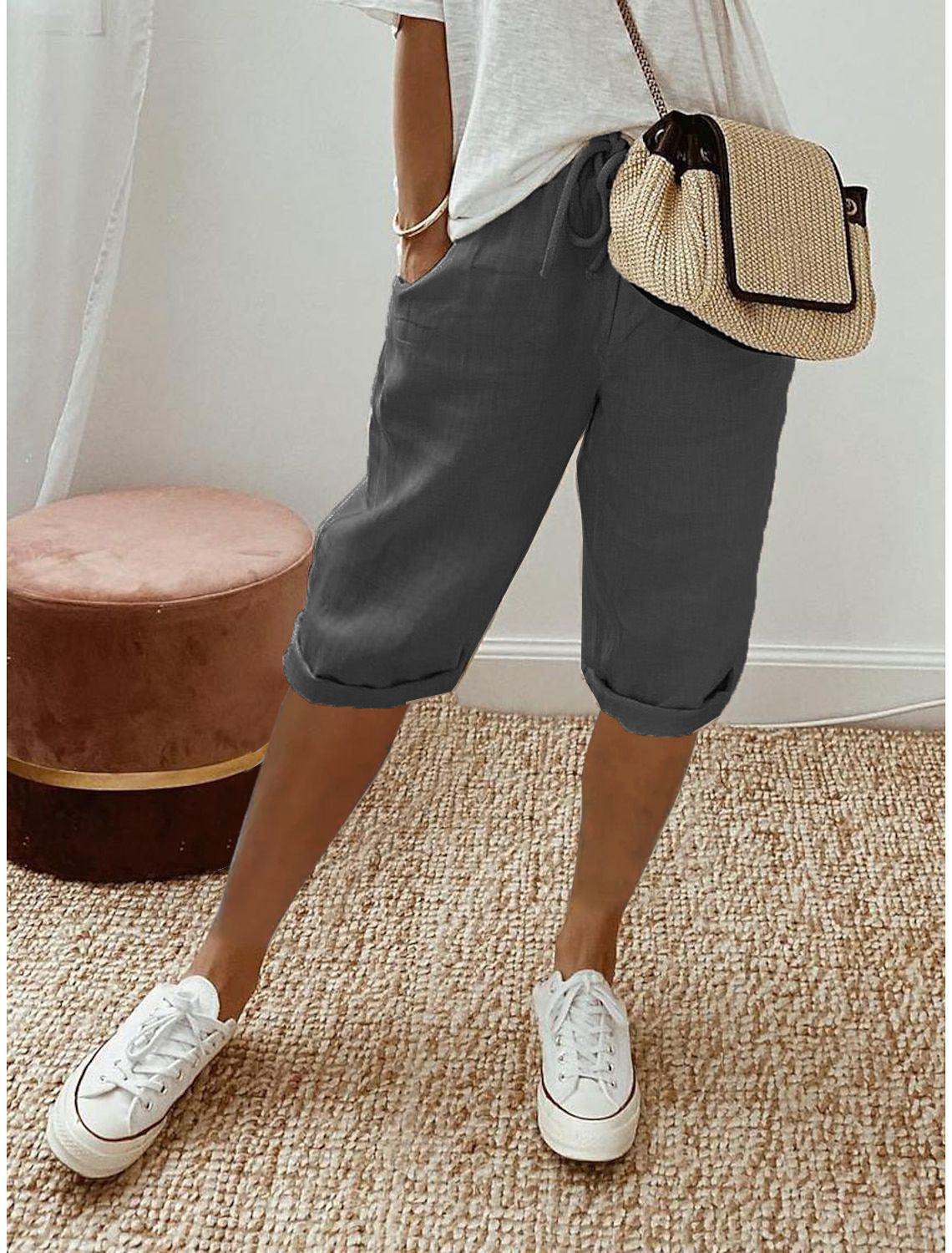 Thai - Pantalones cortos de algodón y lino para mujer con cordón, ideales para el día a día
