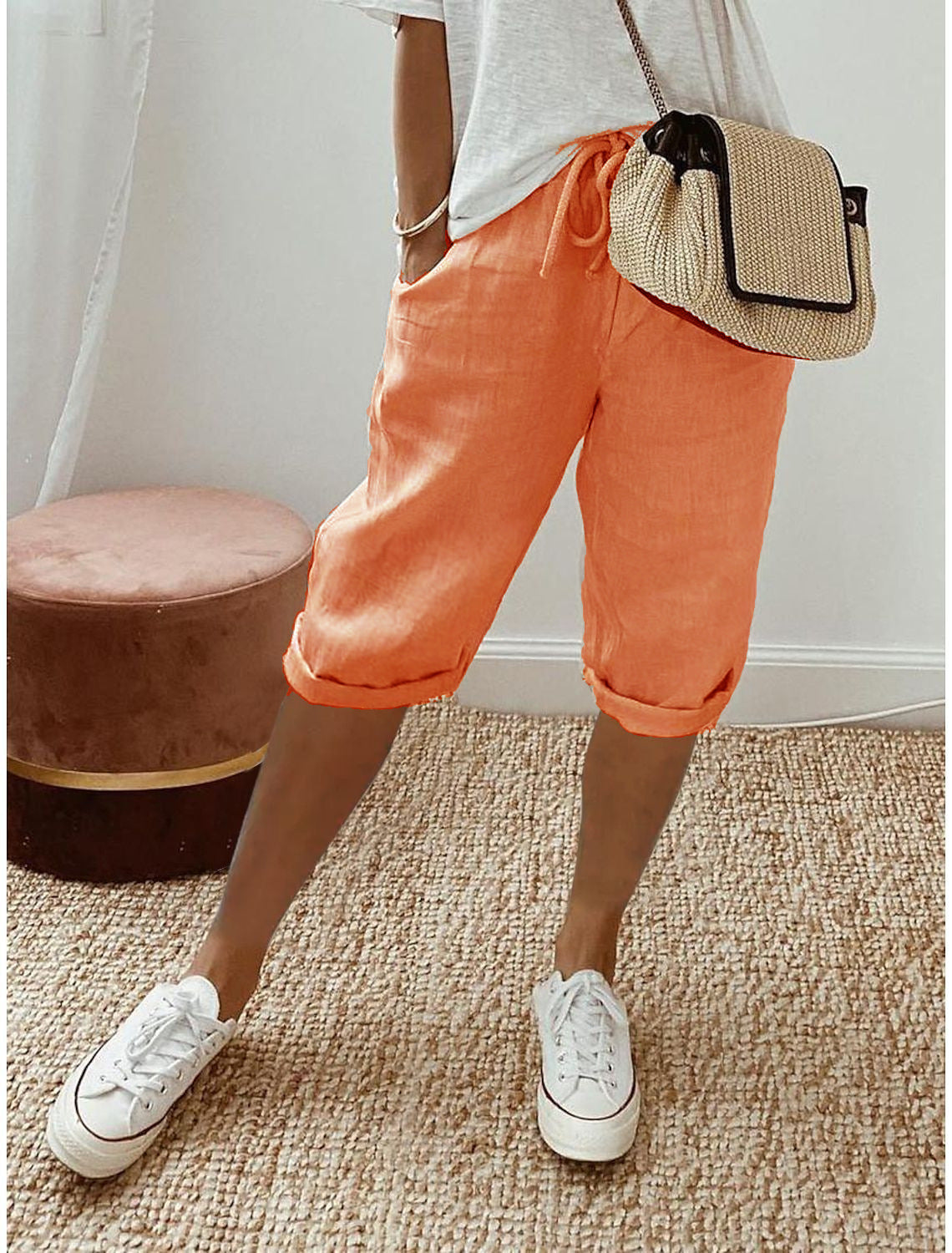 Thai - Pantalones cortos de algodón y lino para mujer con cordón, ideales para el día a día
