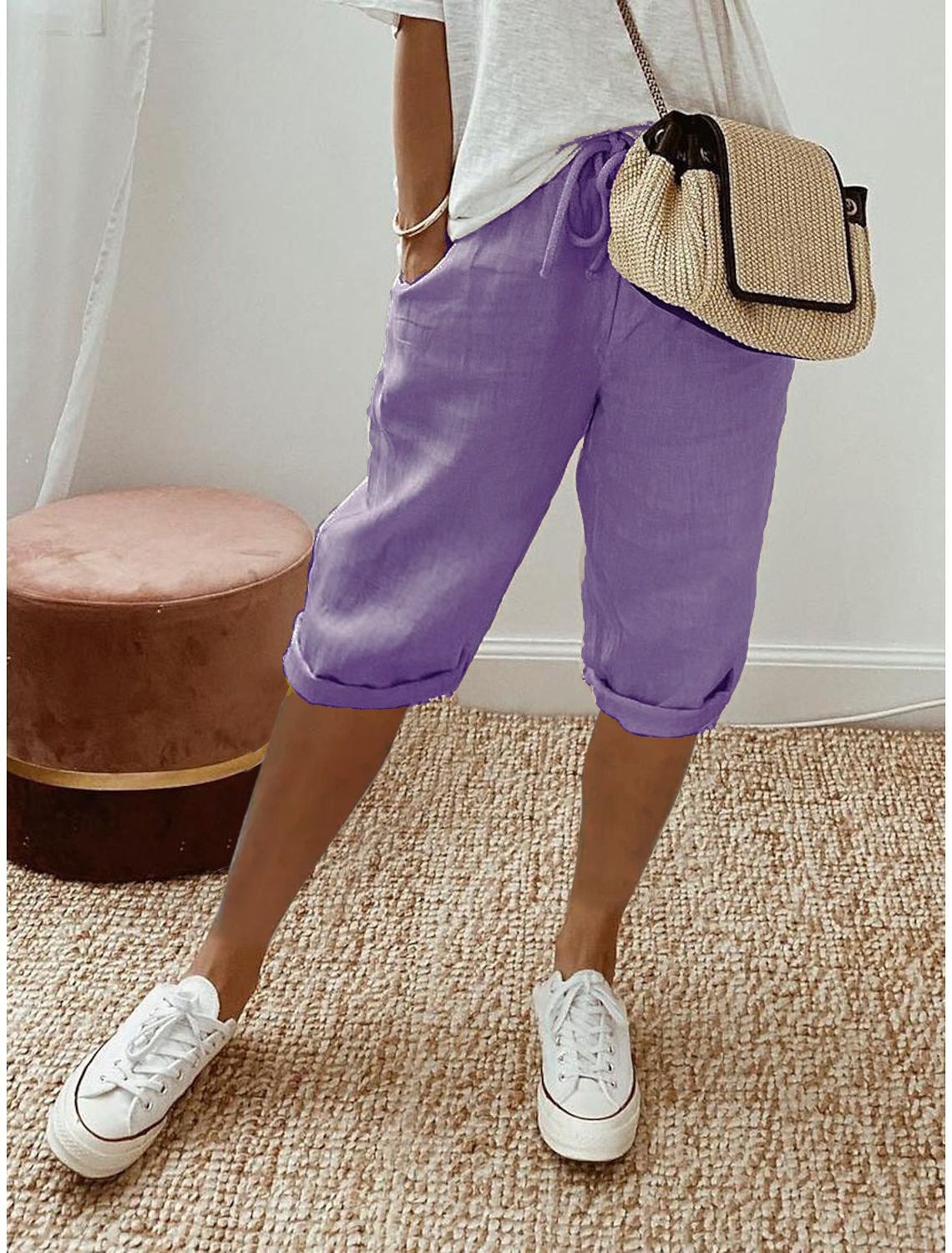Thai - Pantalones cortos de algodón y lino para mujer con cordón, ideales para el día a día