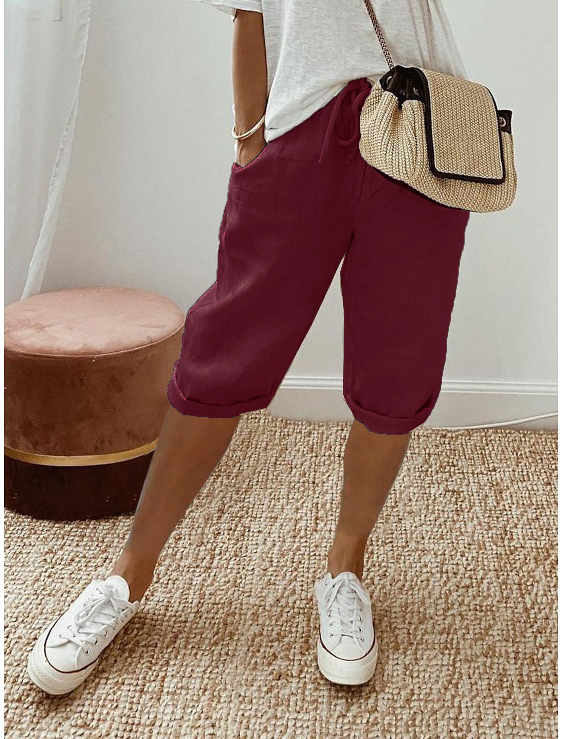 Thai - Pantalones cortos de algodón y lino para mujer con cordón, ideales para el día a día