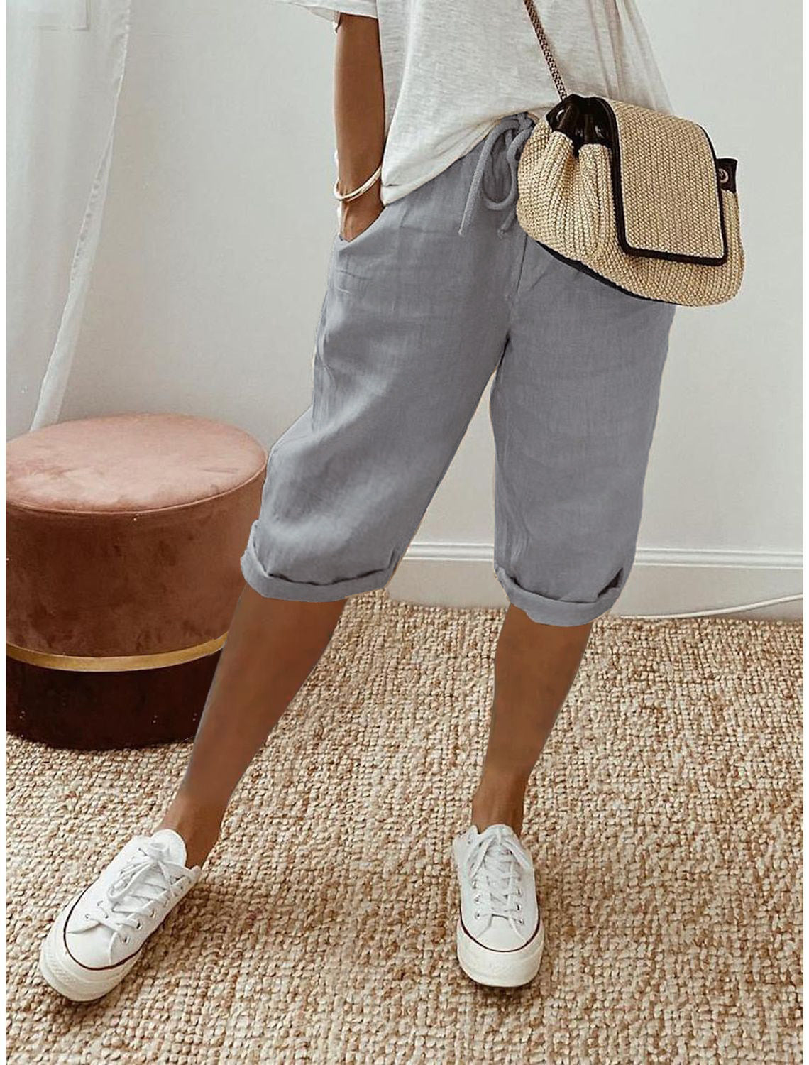 Thai - Pantalones cortos de algodón y lino para mujer con cordón, ideales para el día a día