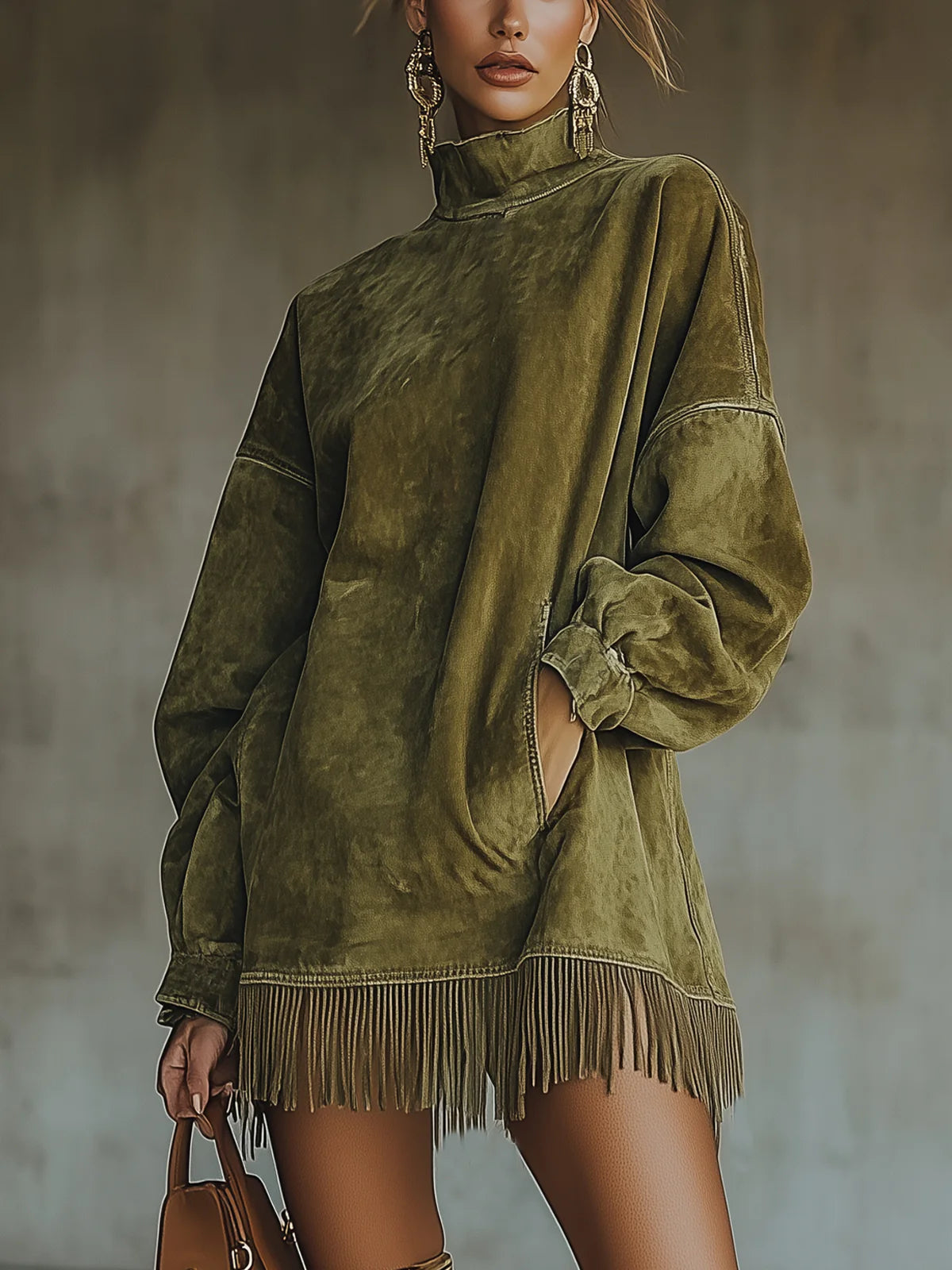 Ainhoa Luxe | Vestido de Ante con Cuello Alto y Flecos