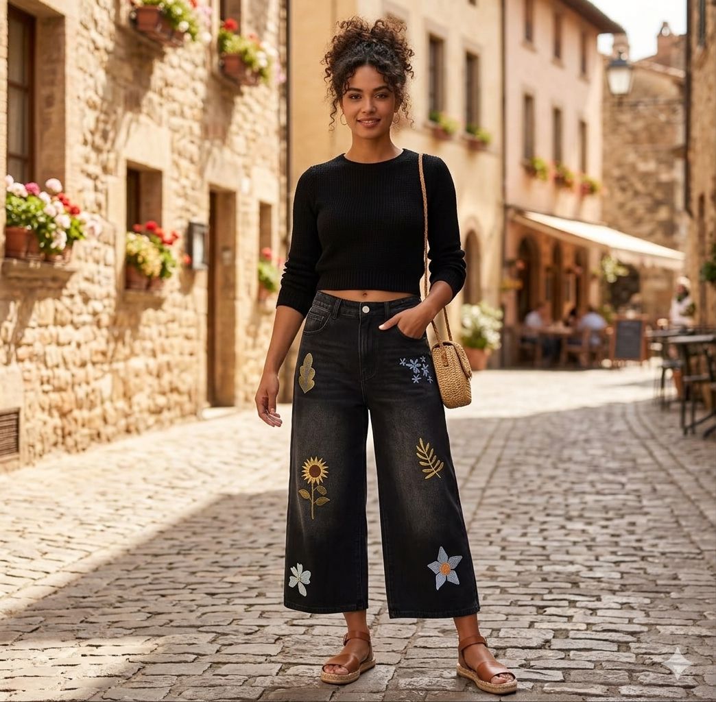 Diana - Pantalón capri de pierna ancha con bordado