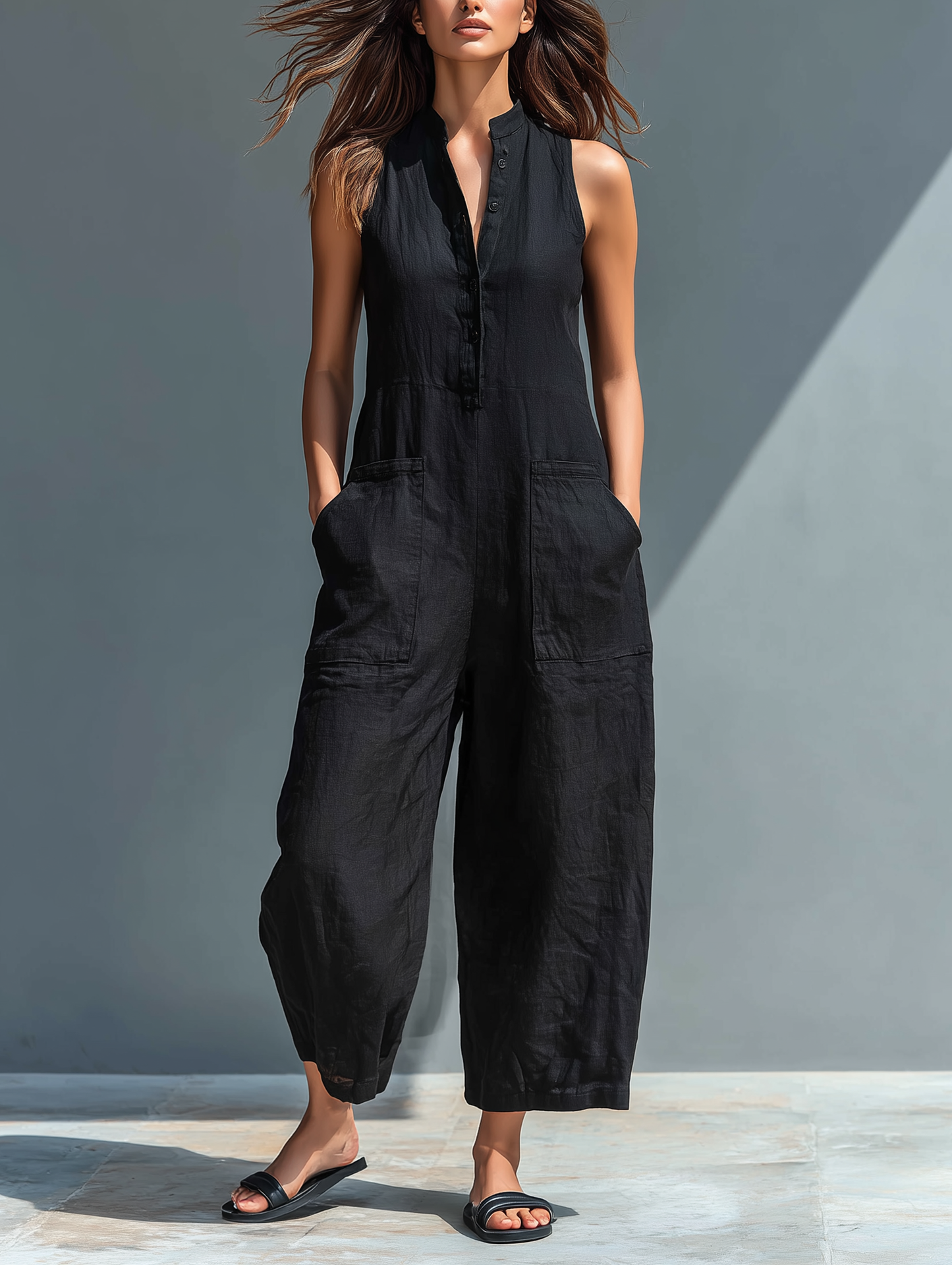 Daniela | Mono minimalista de lino para mujer, sin mangas, cuello alto y botones