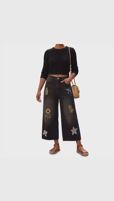 Diana - Pantalón capri de pierna ancha con bordado