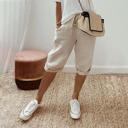 Thai - Pantalones cortos de algodón y lino para mujer con cordón, ideales para el día a día