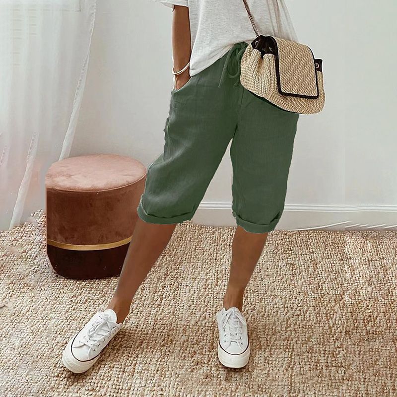 Thai - Pantalones cortos de algodón y lino para mujer con cordón, ideales para el día a día