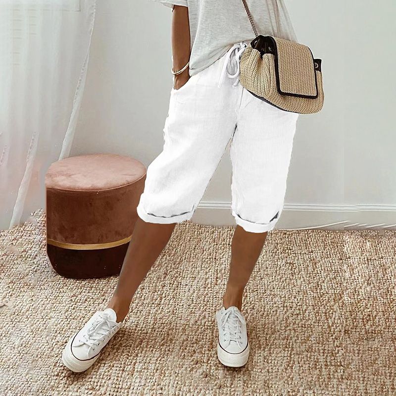 Thai - Pantalones cortos de algodón y lino para mujer con cordón, ideales para el día a día
