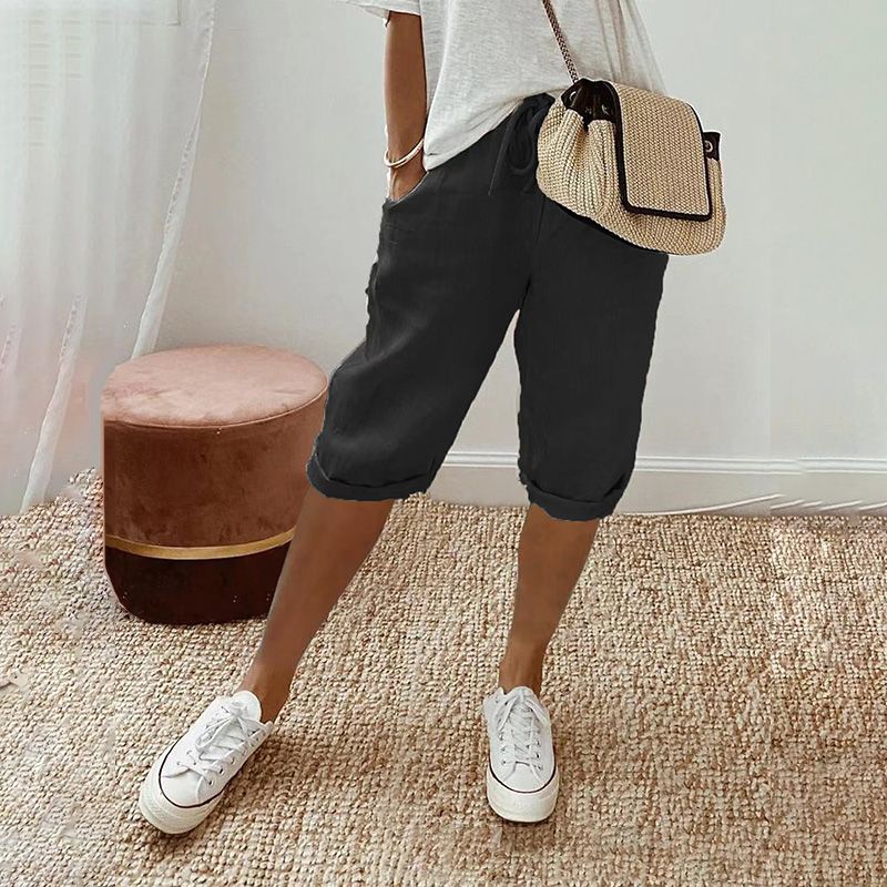 Thai - Pantalones cortos de algodón y lino para mujer con cordón, ideales para el día a día