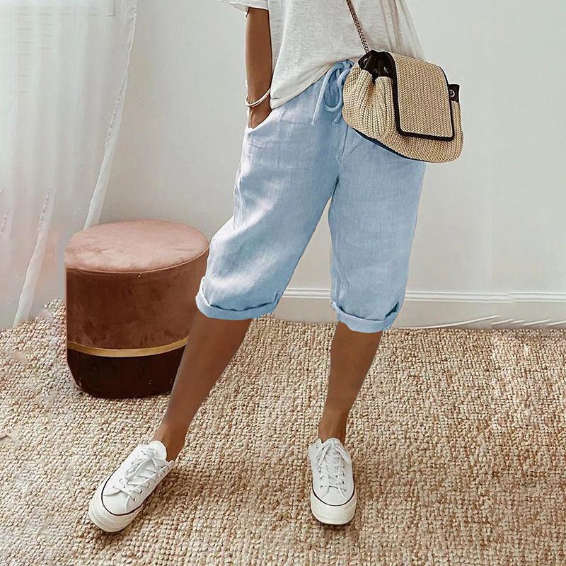 Thai - Pantalones cortos de algodón y lino para mujer con cordón, ideales para el día a día